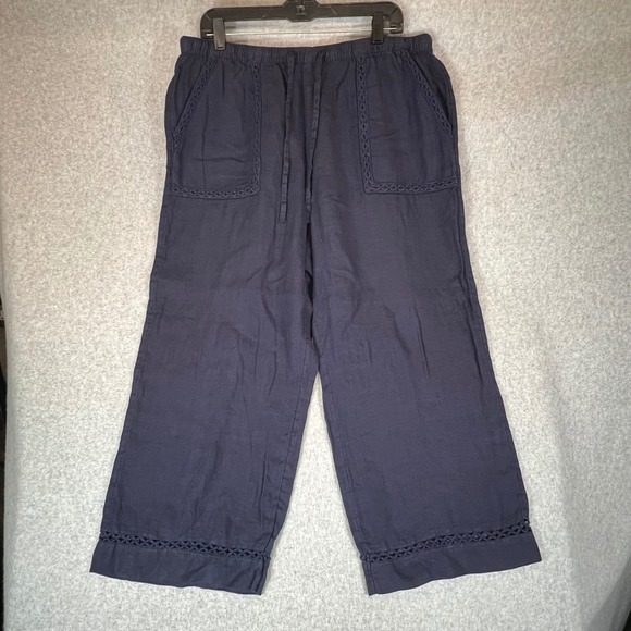Joie Pants - Joie Linen Pants Womens XL Navy Blue Crochet Trim Wide Leg Crop Notical Beahy